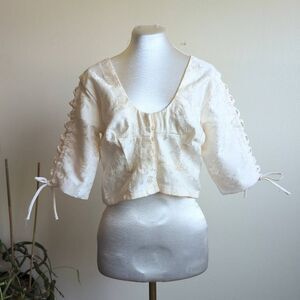 White Brocade Half Sleeve Scoop Neck Crop Top Coquette Spring Summer M